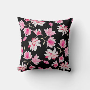 Romantic Magnolia: Black Watercolor Throw Pillow
