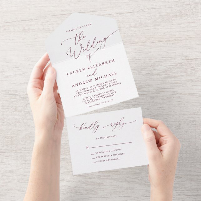 Romantic Maroon Burgundy Minimalist Wedding All In One Invitation (Tearaway)