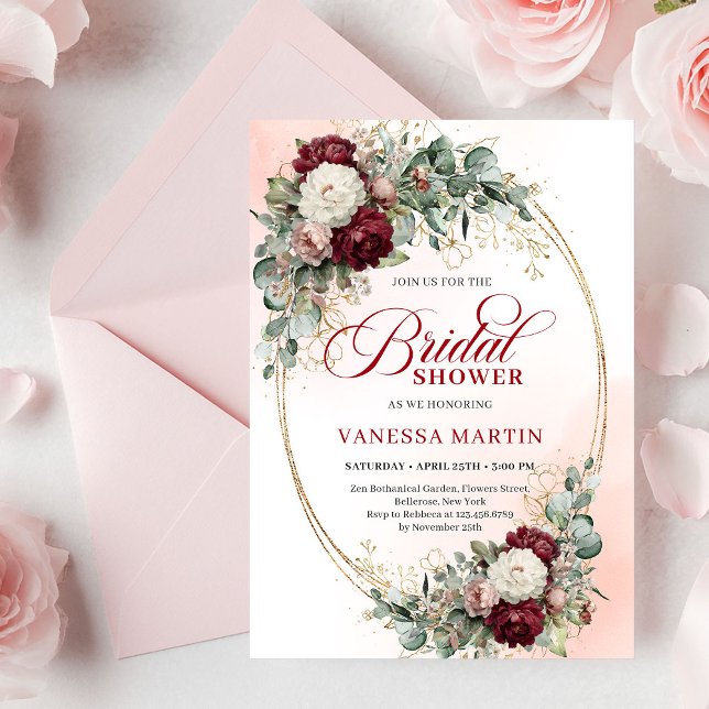 Romantic Maroon Floral Gold Bridal Shower Card (Romantic Maroon Floral Gold Bridal Shower Card

)