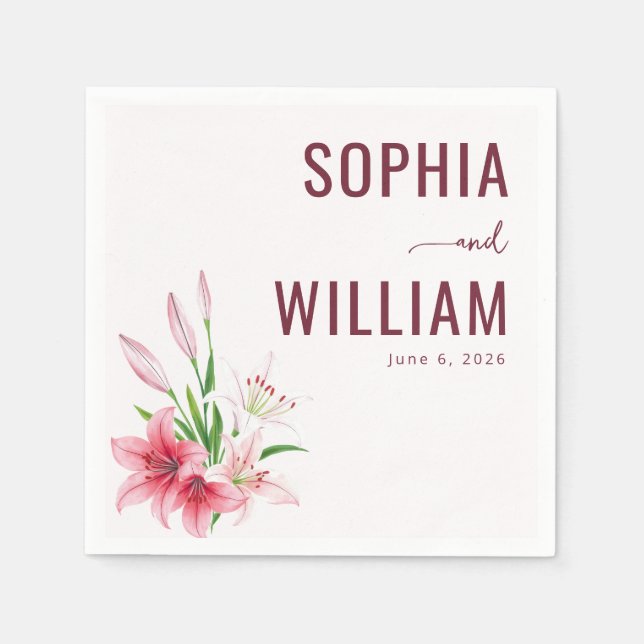 Romantic Maroon Floral Lilies Napkin (Front)