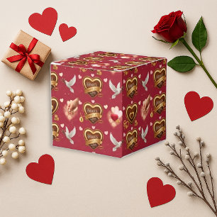Romantic Maroon Pattern Doves Hearts Emblem Favor Box