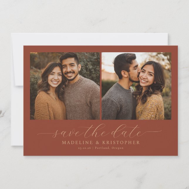 Romantic Maroon Rustic Photo Collage Save The Date (Front)