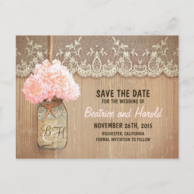 romantic mason jar pink flowers save the date announcement postcard (Front)