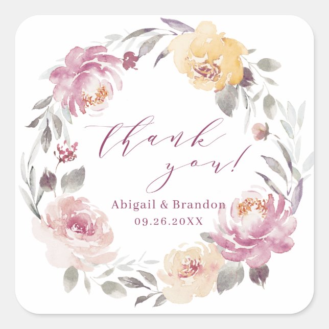 Romantic mauve floral thank you wedding square sticker (Front)