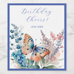 Romantic meadow flowers and butterfly wine label