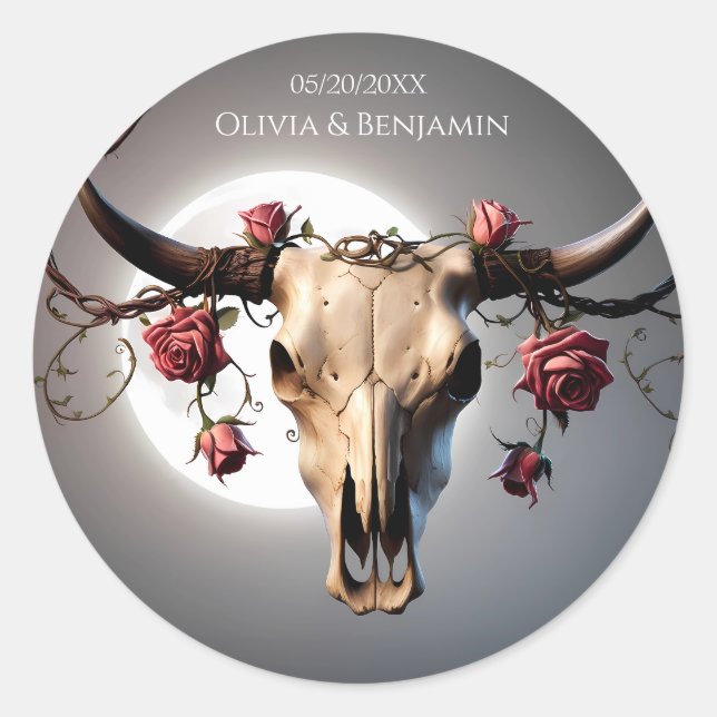Romantic Medieval Floral Cow Skull Wedding Classic Round Sticker (Front)