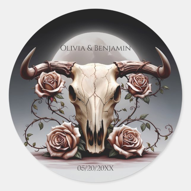 Romantic Medieval Floral Cow Skull Wedding Classic Round Sticker (Front)