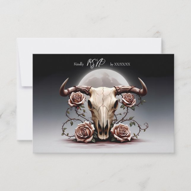 Romantic Medieval Floral Cow Skull Wedding RSVP Card (Front)