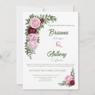 Romantic Merlot And Pink Peony Botanical Wedding Invitation