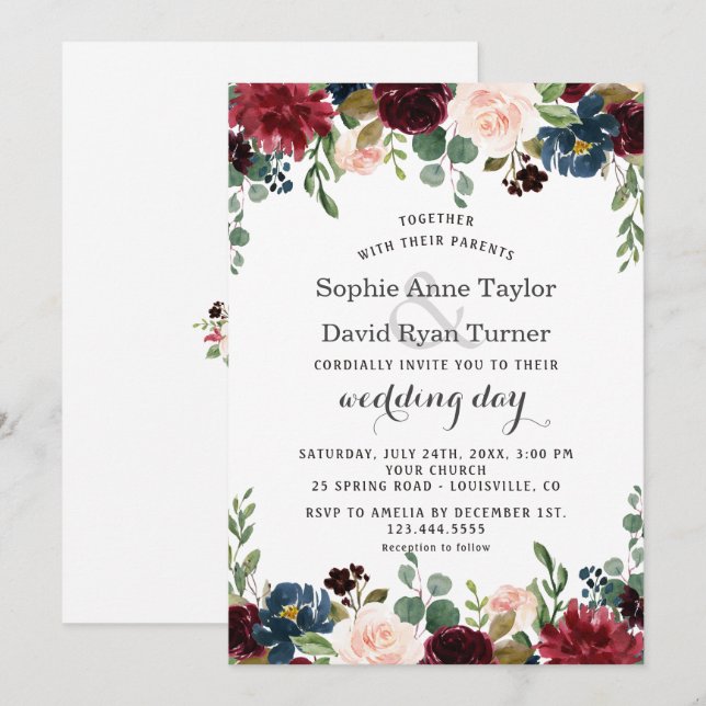 Romantic Merlot Navy Blue Blush Floral Wedding Invitation (Front/Back)