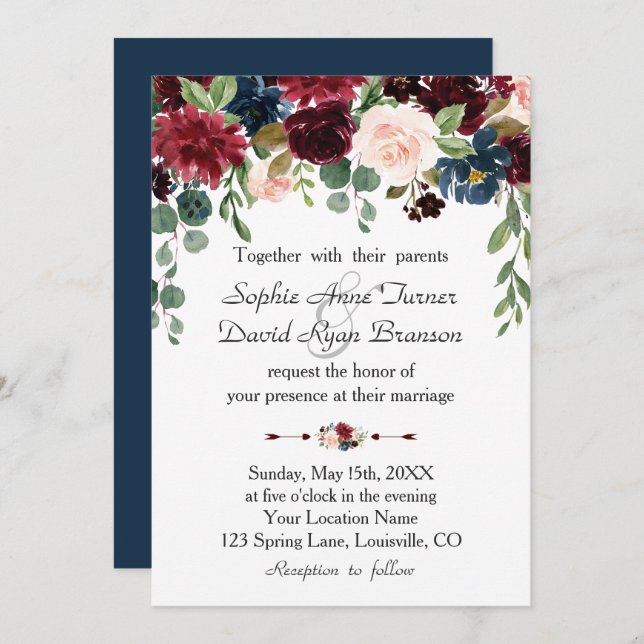 Romantic Merlot Navy Blue Floral Wedding Invitation (Front/Back)