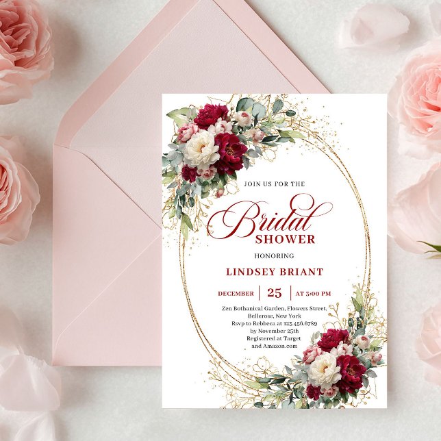 Romantic Merlot Roses Gold Bridal Shower Invites (Romantic Merlot Roses Gold Bridal Shower Invitation)