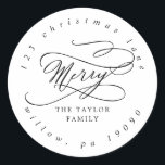 Romantic Merry Christmas Circular Return Address Classic Round Sticker<br><div class="desc">These romantic Merry Christmas circular return address stickers are perfect for a simple holiday card or invitation envelope. The modern classic design features fancy swirls and whimsical flourishes with gorgeous elegant hand lettered typography.</div>