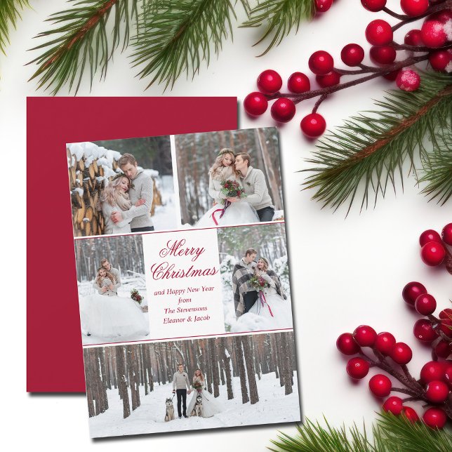 Romantic Merry Christmas Couple Photo Collage Red Holiday Card (Creator Uploaded)