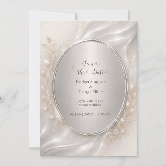Romantic metallic Silver Oval Wedding Botanicals Invitation (Front)