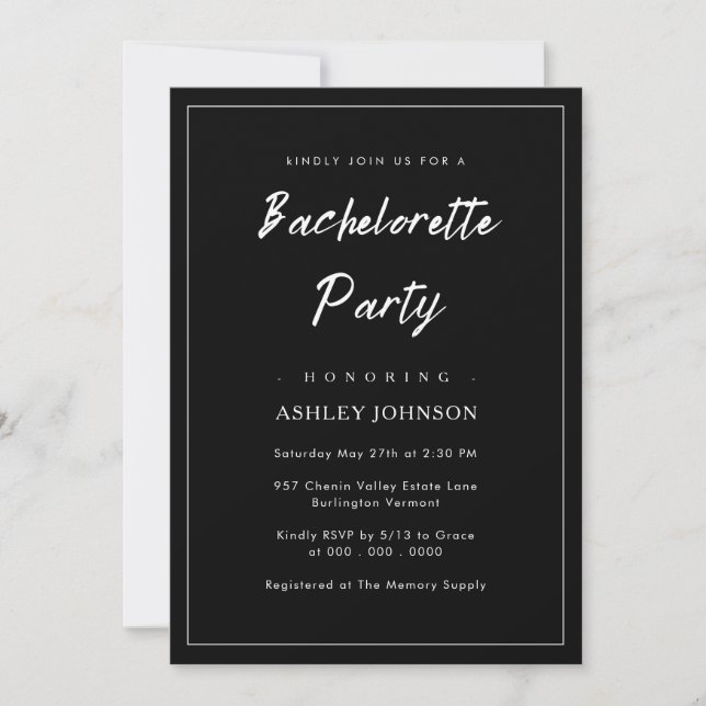 Romantic Minimal Script Black Bachelorette Party Invitation (Front)