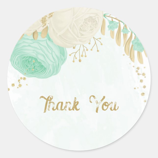 Romantic mint green & white flowers gold classic round sticker (Front)