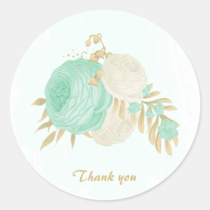 Romantic mint green & white flowers gold  classic round sticker
