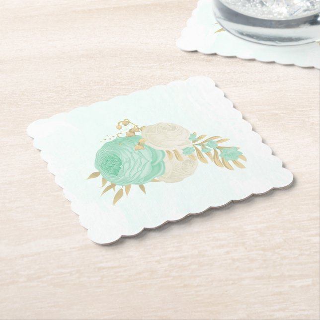 Romantic mint green & white flowers gold  paper coaster (Angled)