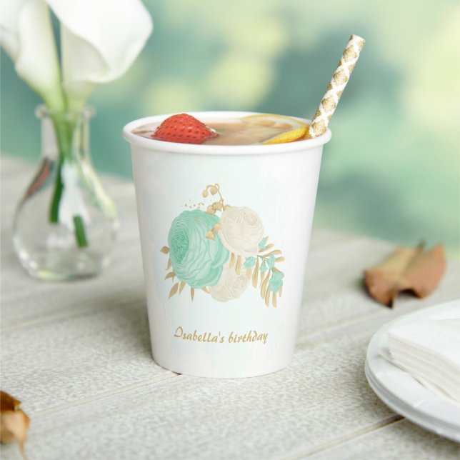 Romantic mint green & white flowers gold paper cups (Insitu)