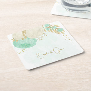 Romantic mint green & white flowers gold square paper coaster