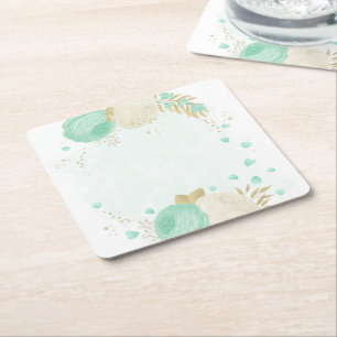 Romantic mint green & white flowers gold square paper coaster