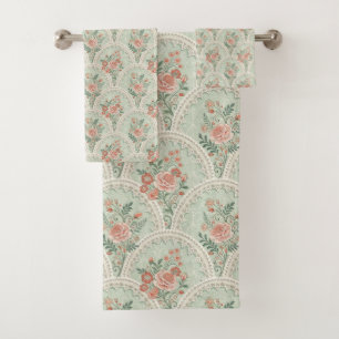 Romantic Mint Rose Vintage Victorian Arch Pattern Bath Towel Set