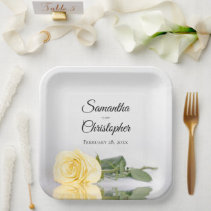 Romantic Mirrored Yellow Rose Elegant Wedding Paper Plate