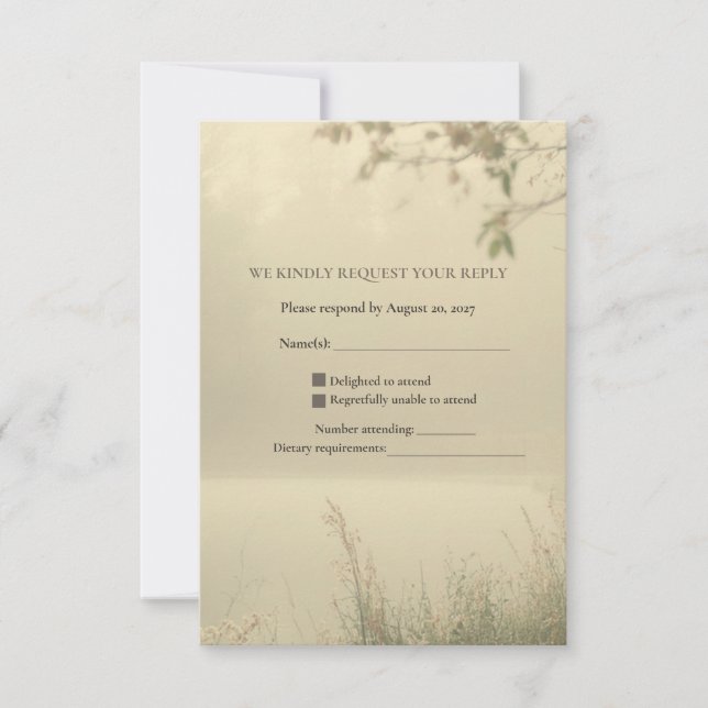 Romantic Misty Lakeside Vintage Wedding RSVP Card (Front)