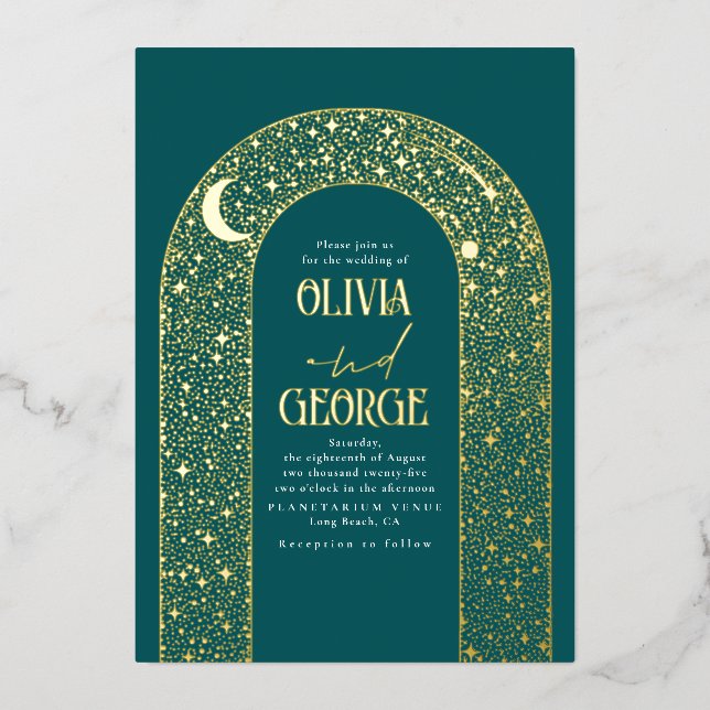 Romantic Modern Celestial Wedding Teal Blue Gold (Front)