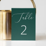 Romantic Modern Deep Emerald Green Script Wedding Table Number<br><div class="desc">Add a touch of bold elegance to your reception with this deep emerald green wedding table number. The rich, saturated background is paired with delicate white script and clean typography for a modern, refined look. This striking design is perfect for evening weddings, winter celebrations, or formal events where sophisticated colour...</div>