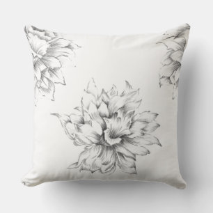 Romantic modern hand drawing floral black white throw pillow