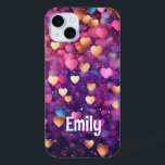 Romantic Modern Love Hearts Personalized Name iPhone 15 Mini Case<br><div class="desc">Romantic Modern Love Hearts Personalized Name iPhone 15 Plus Phone Cases features a cute pattern of pink,  purple,  gold and blue love hearts. Perfect gift for girls,  girlfiends,  wife for Valantine's Day,   birthday,  Christmas,  holidays and more. Designed by Evco Studio www.zazzle.com/store/evcostudio</div>