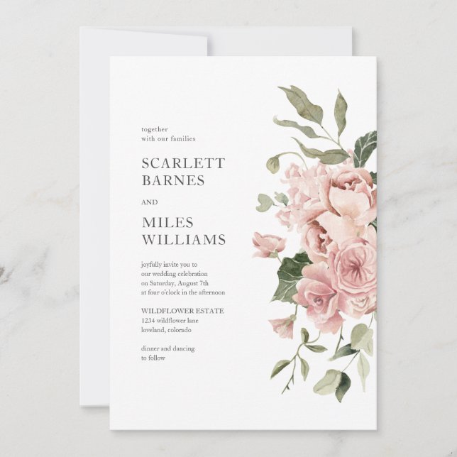 Romantic Modern Pink Roses Wedding Invitation (Front)