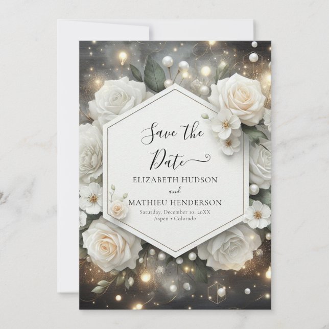 Romantic Modern White Roses Wedding Save The Date (Front)
