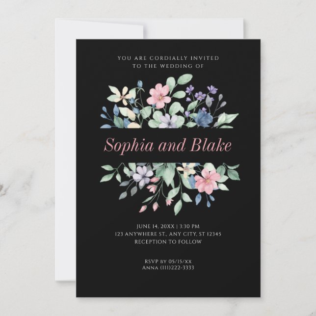 Romantic Modern Wildflowers Black Wedding   Invitation (Front)