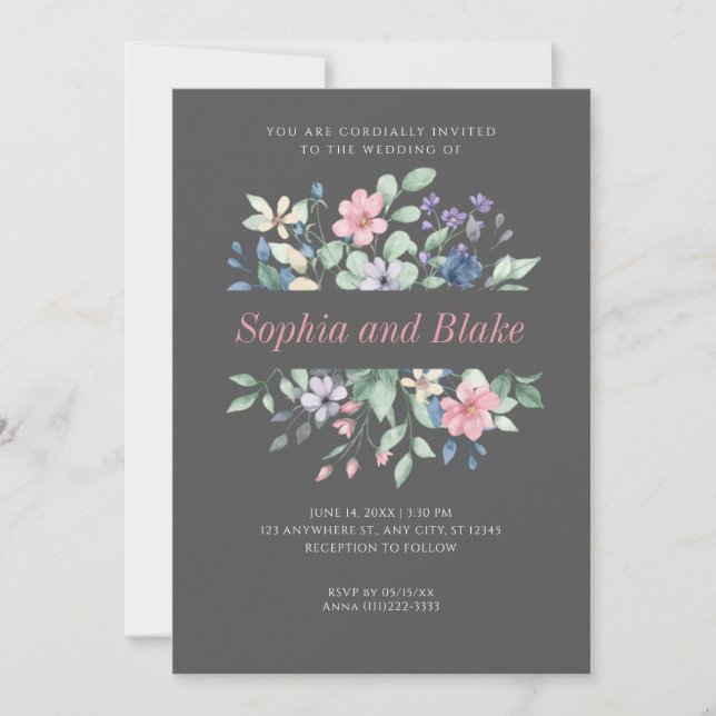 Romantic Modern Wildflowers Dark Grey Wedding Invitation (Front)