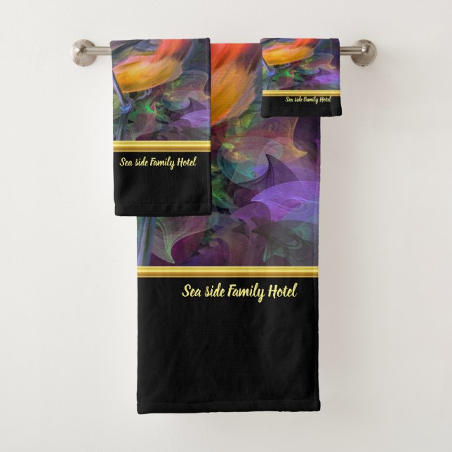 Romantic modern with a colourful bird monogram bath towel set (Insitu)