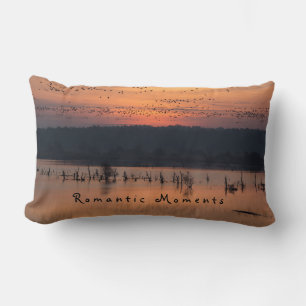 Romantic moments Birds at sunrise photo with text Lumbar Pillow