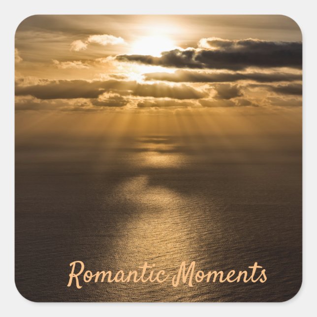 Romantic moments sunset ocean photo with text square sticker (Front)