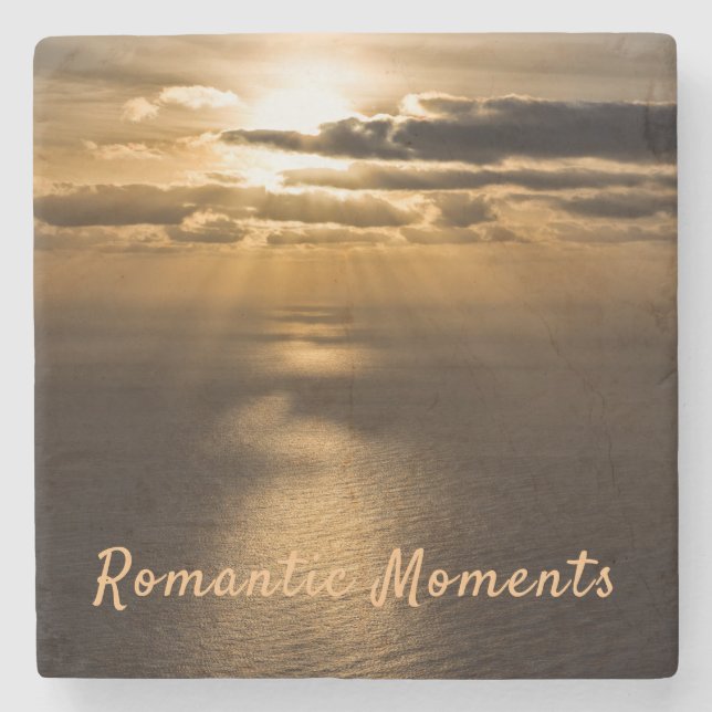 Romantic moments sunset ocean photo with text stone coaster (Front)