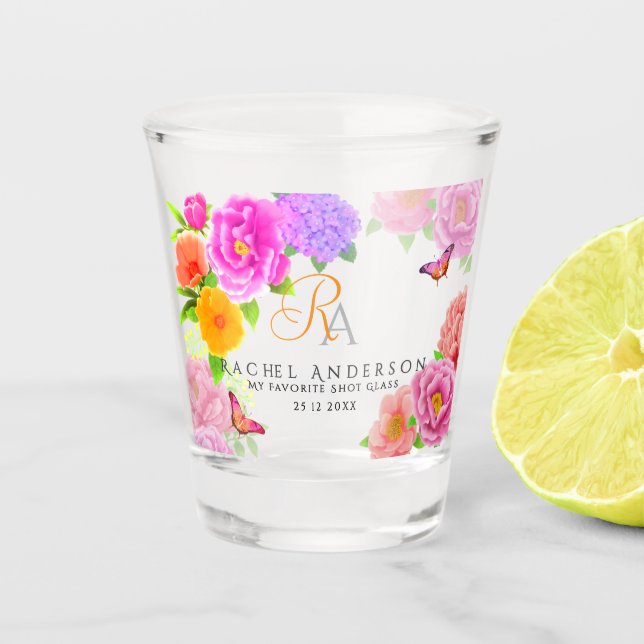 Romantic Monogram Peonies Garden  Shot Glass (Front)