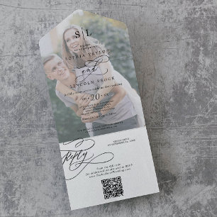 Romantic Monogram Photo QR Code Wedding All In One Invitation