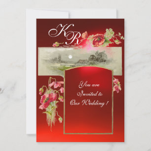 ROMANTİC MONOGRAM / POPPIES,red,green,red ruby Invitation