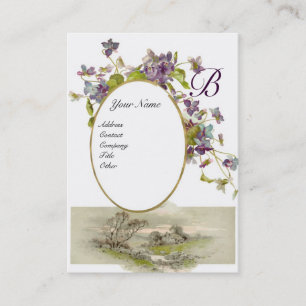 ROMANTIC MONOGRAM,VIOLETS purple green eggshell Business Card