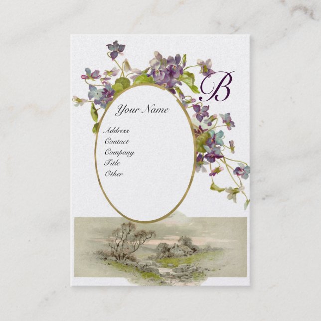ROMANTIC MONOGRAM,VIOLETS purple green gold Business Card (Front)