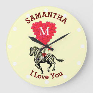Romantic monogrammed zebra personalized large clock