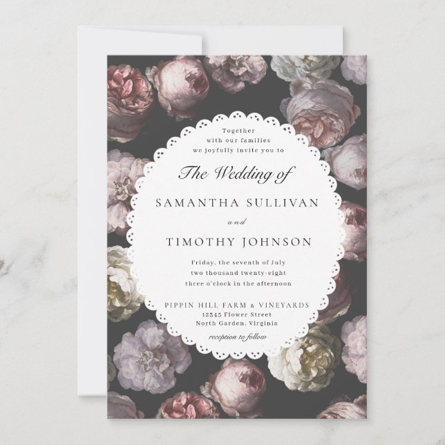 Romantic Moody Delicate Dark Black Floral Wedding Invitation (Front)