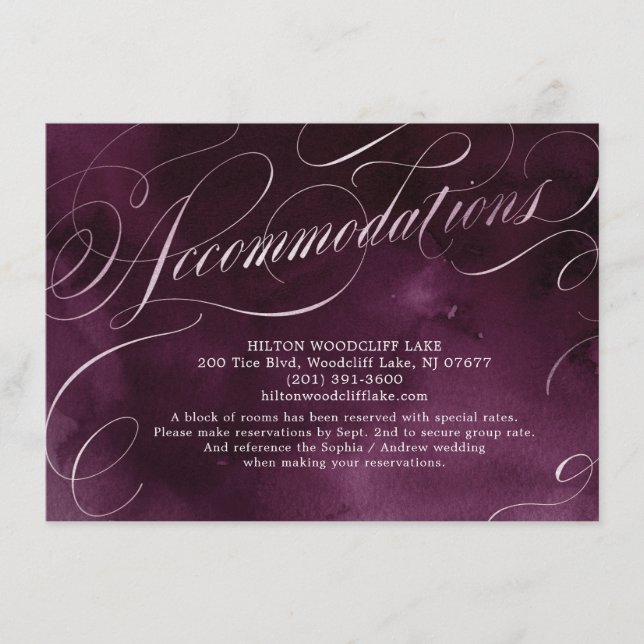 Romantic Moody plum calligraphy accommodation Enclosure Card (Front)