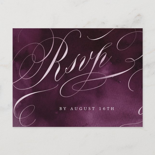 Romantic Moody plum calligraphy wedding RSVP Invitation Postcard (Front)